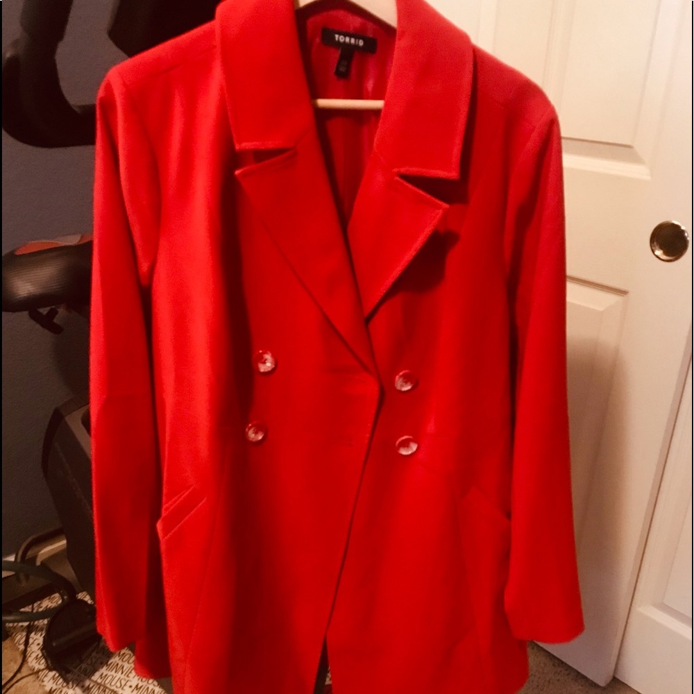 Torrid RED TWILL DOUBLE-BREASTED FIT & FLARE COAT 10/M/00